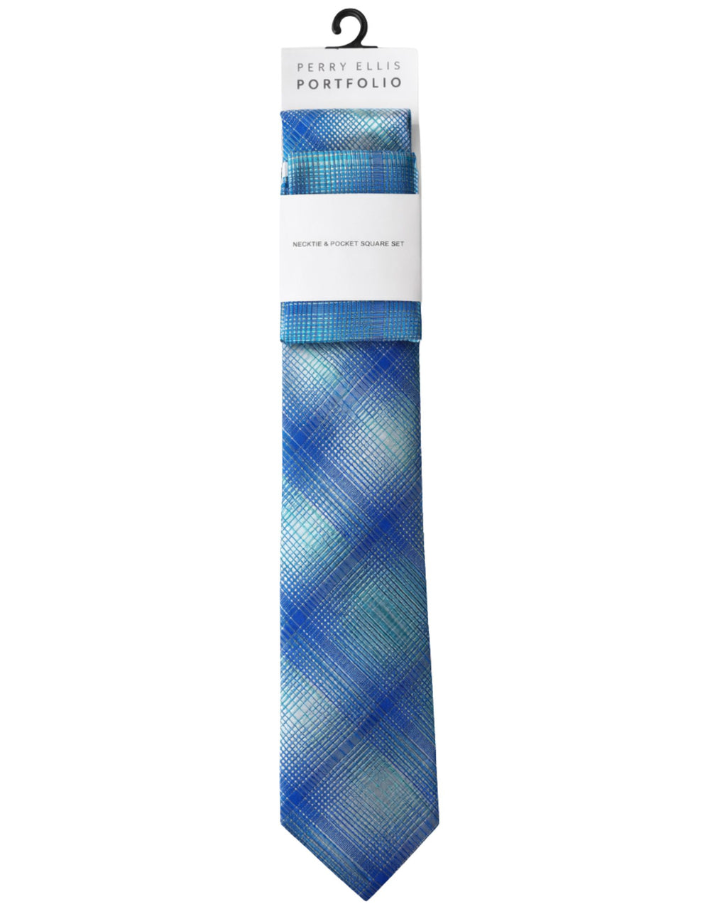 Set Corbata Azul Degradé con Pañuelo PERRY ELLIS – Patrón Cuadriculado Elegante