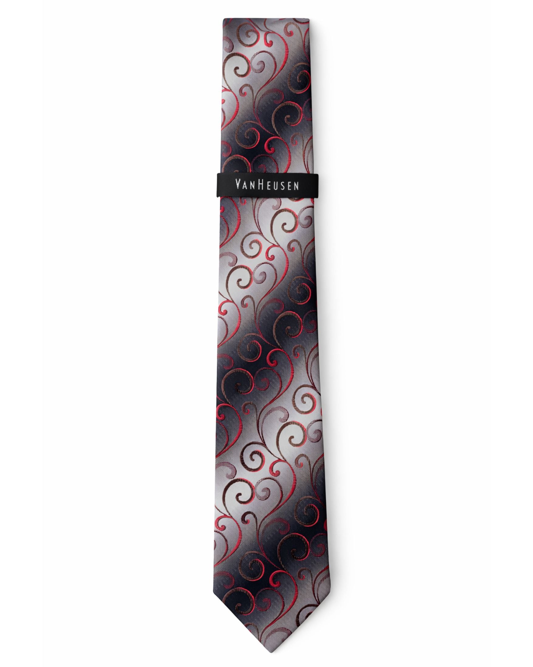 Corbata VAN HEUSEN Gris Plata con Diseño Paisley Rojo – Estilo Formal Ejecutivo