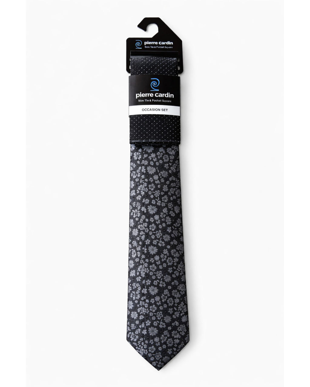 Corbata PIERRE CARDIN Negra Slim con Diseño Floral Gris + Pañuelo – Edición Formal Exclusiva