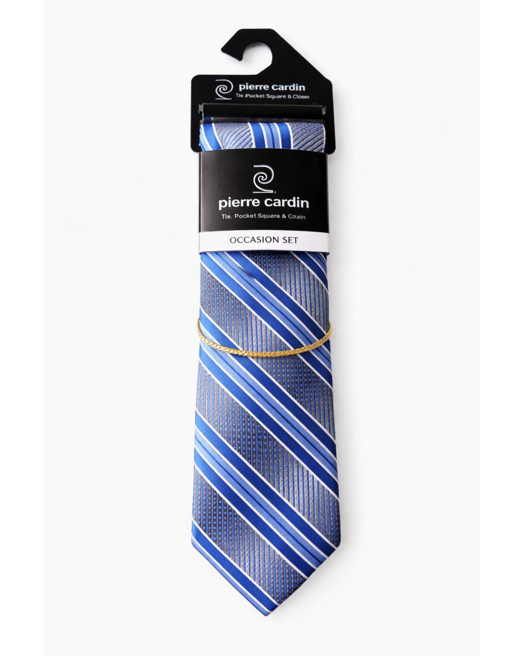 Corbata PIERRE CARDIN Azul Rayas Clásicas con Pañuelo y Cadena Dorada – Signature Business Edition