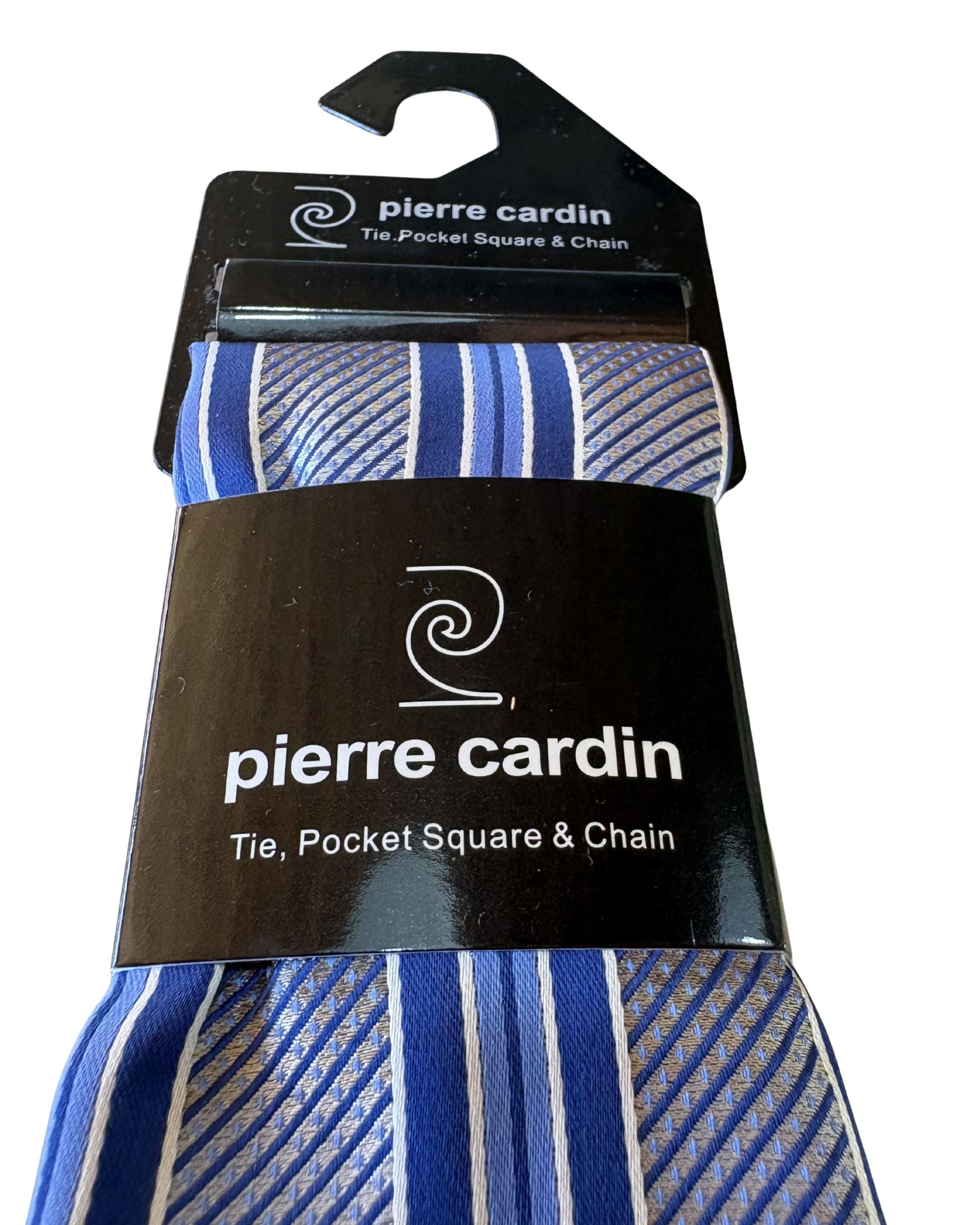Corbata PIERRE CARDIN Azul Rayas Clásicas con Pañuelo y Cadena Dorada – Signature Business Edition