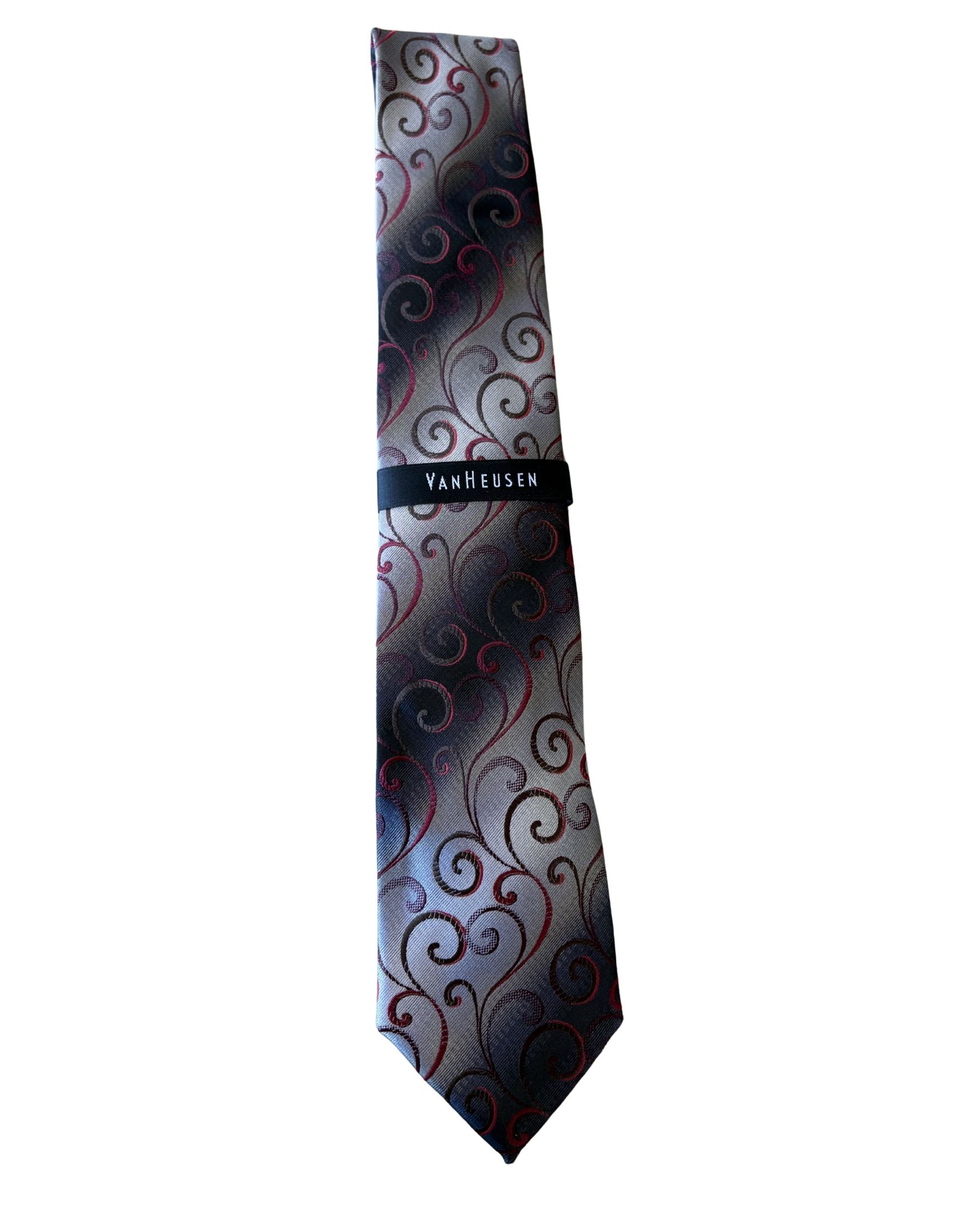 Corbata VAN HEUSEN Gris Plata con Diseño Paisley Rojo – Estilo Formal Ejecutivo