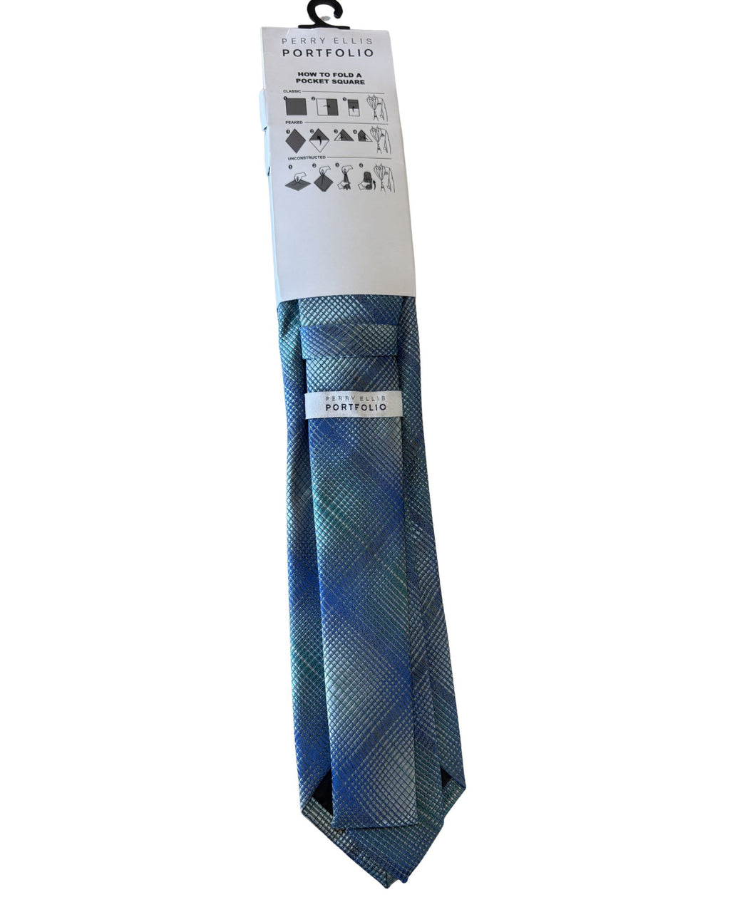 Set Corbata Azul Degradé con Pañuelo PERRY ELLIS – Patrón Cuadriculado Elegante