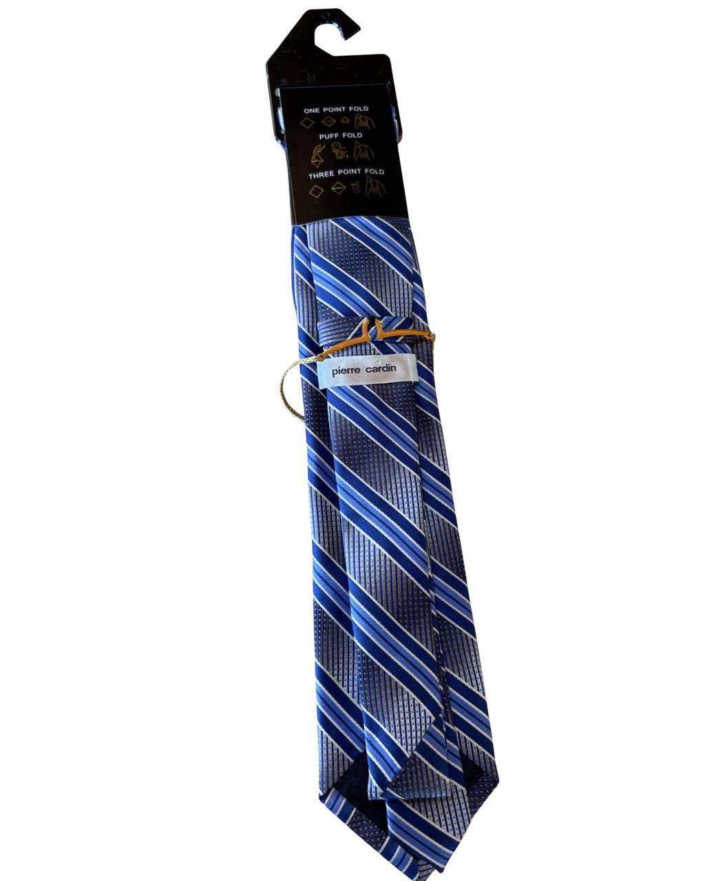 Corbata PIERRE CARDIN Azul Rayas Clásicas con Pañuelo y Cadena Dorada – Signature Business Edition