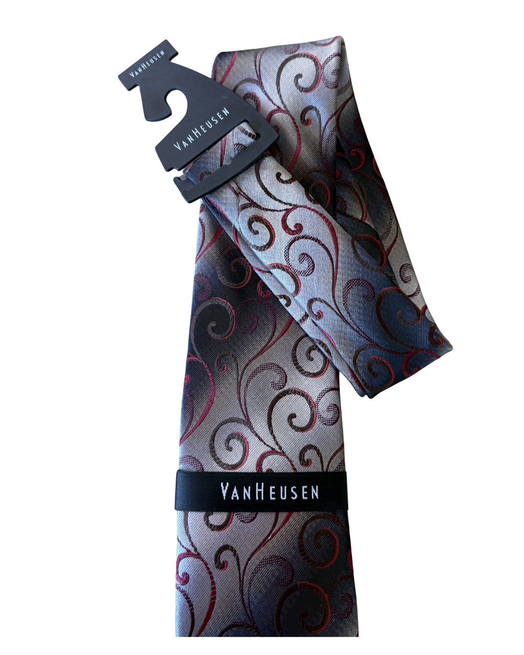 Corbata VAN HEUSEN Gris Plata con Diseño Paisley Rojo – Estilo Formal Ejecutivo