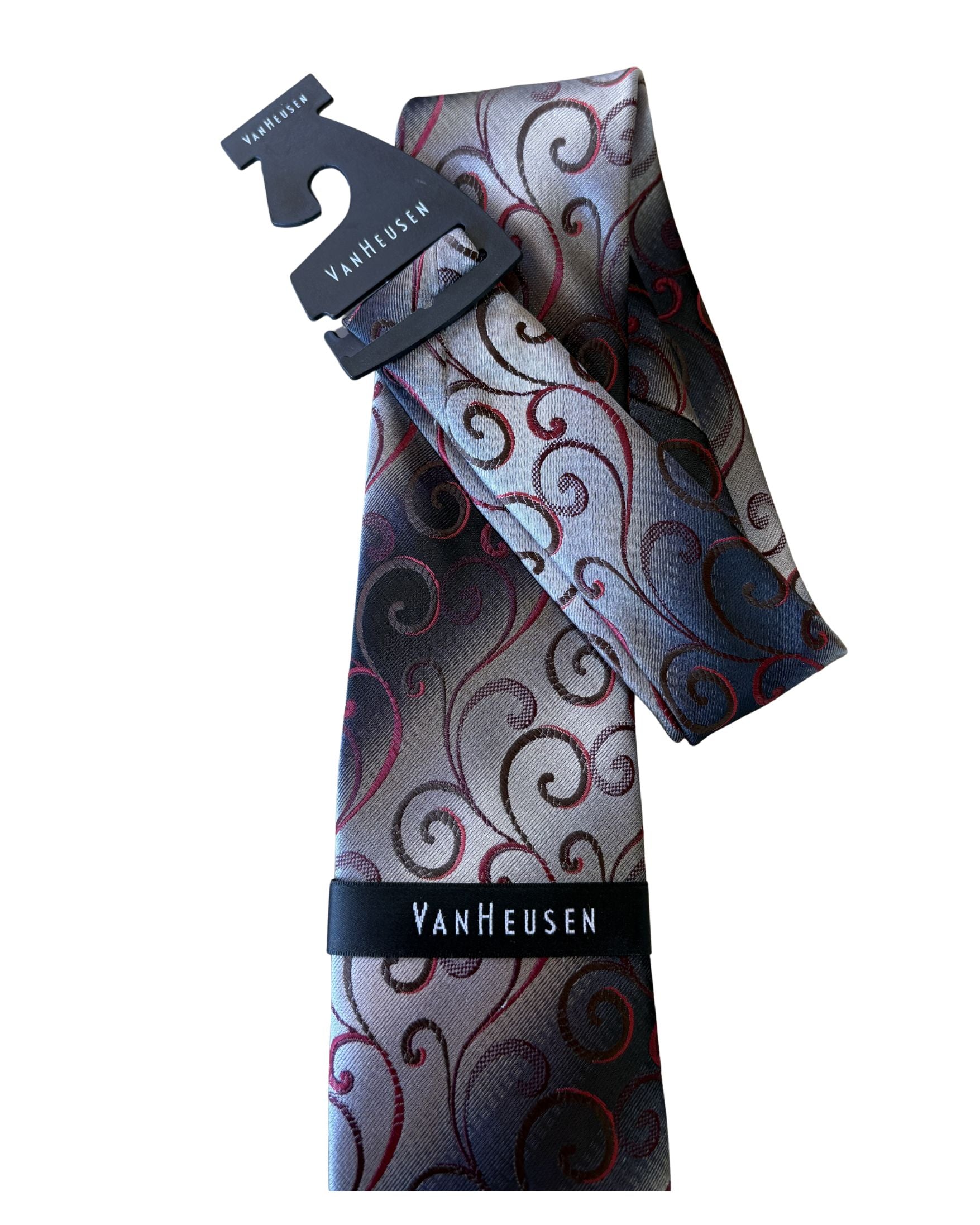 Corbata VAN HEUSEN Gris Plata con Diseño Paisley Rojo – Estilo Formal Ejecutivo