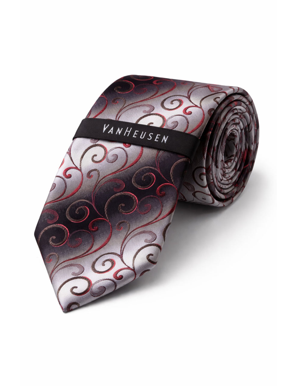 Corbata VAN HEUSEN Gris Plata con Diseño Paisley Rojo – Estilo Formal Ejecutivo