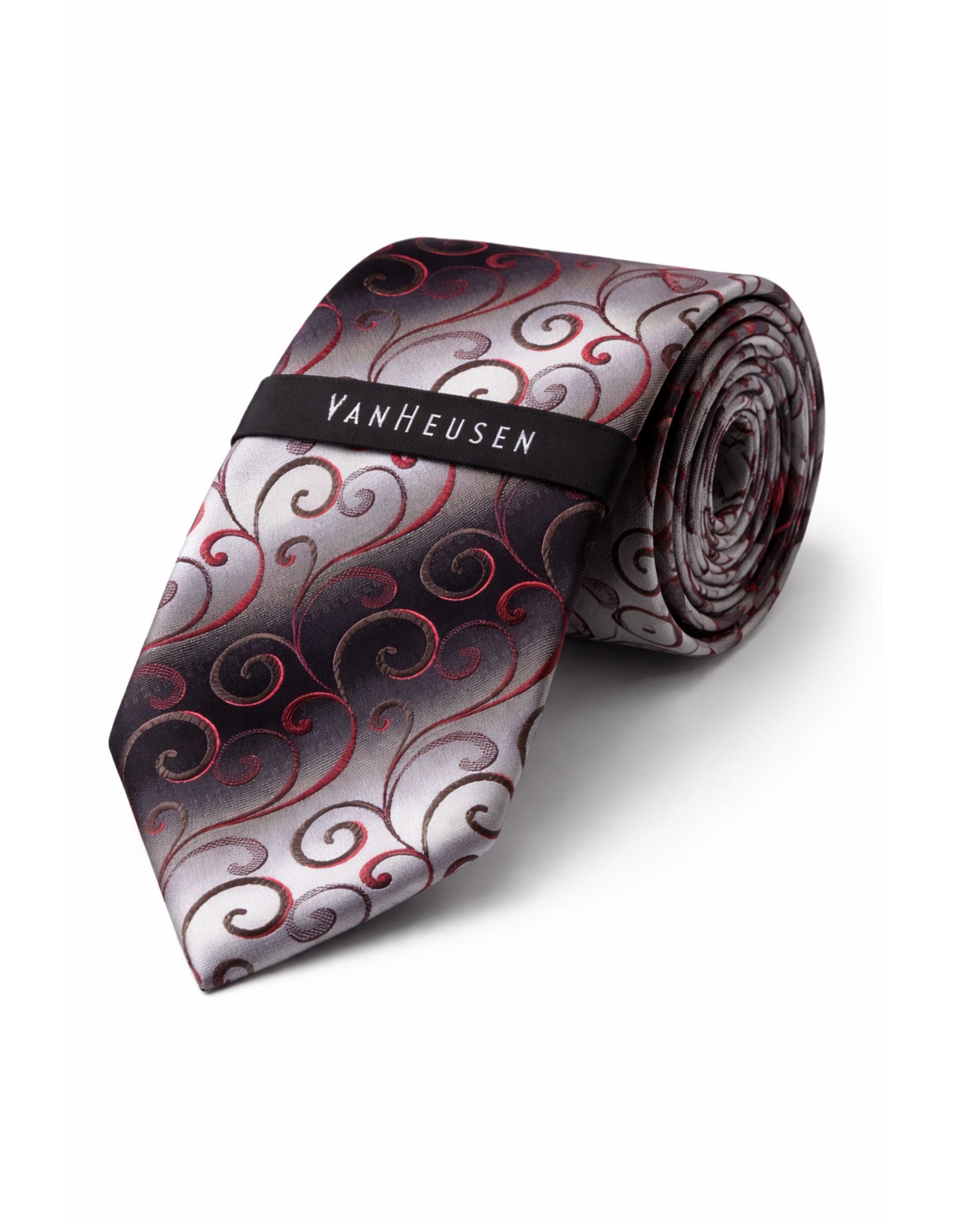 Corbata VAN HEUSEN Gris Plata con Diseño Paisley Rojo – Estilo Formal Ejecutivo
