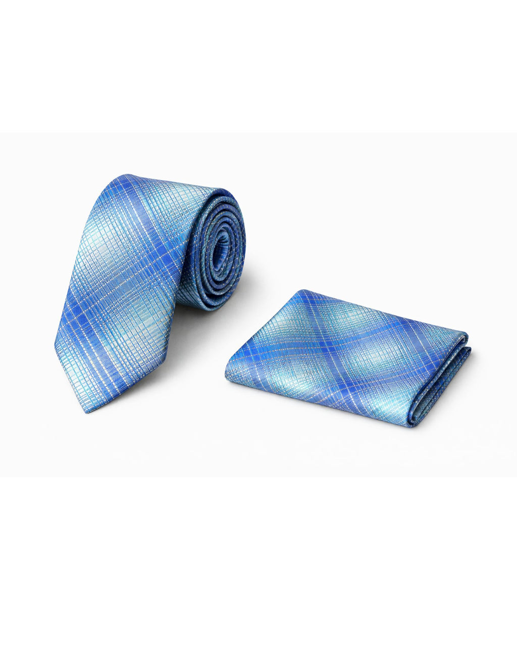 Set Corbata Azul Degradé con Pañuelo PERRY ELLIS – Patrón Cuadriculado Elegante