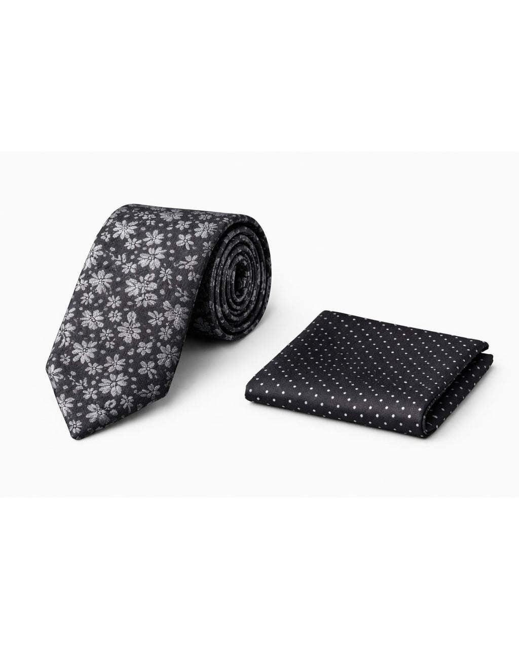 Corbata PIERRE CARDIN Negra Slim con Diseño Floral Gris + Pañuelo – Edición Formal Exclusiva