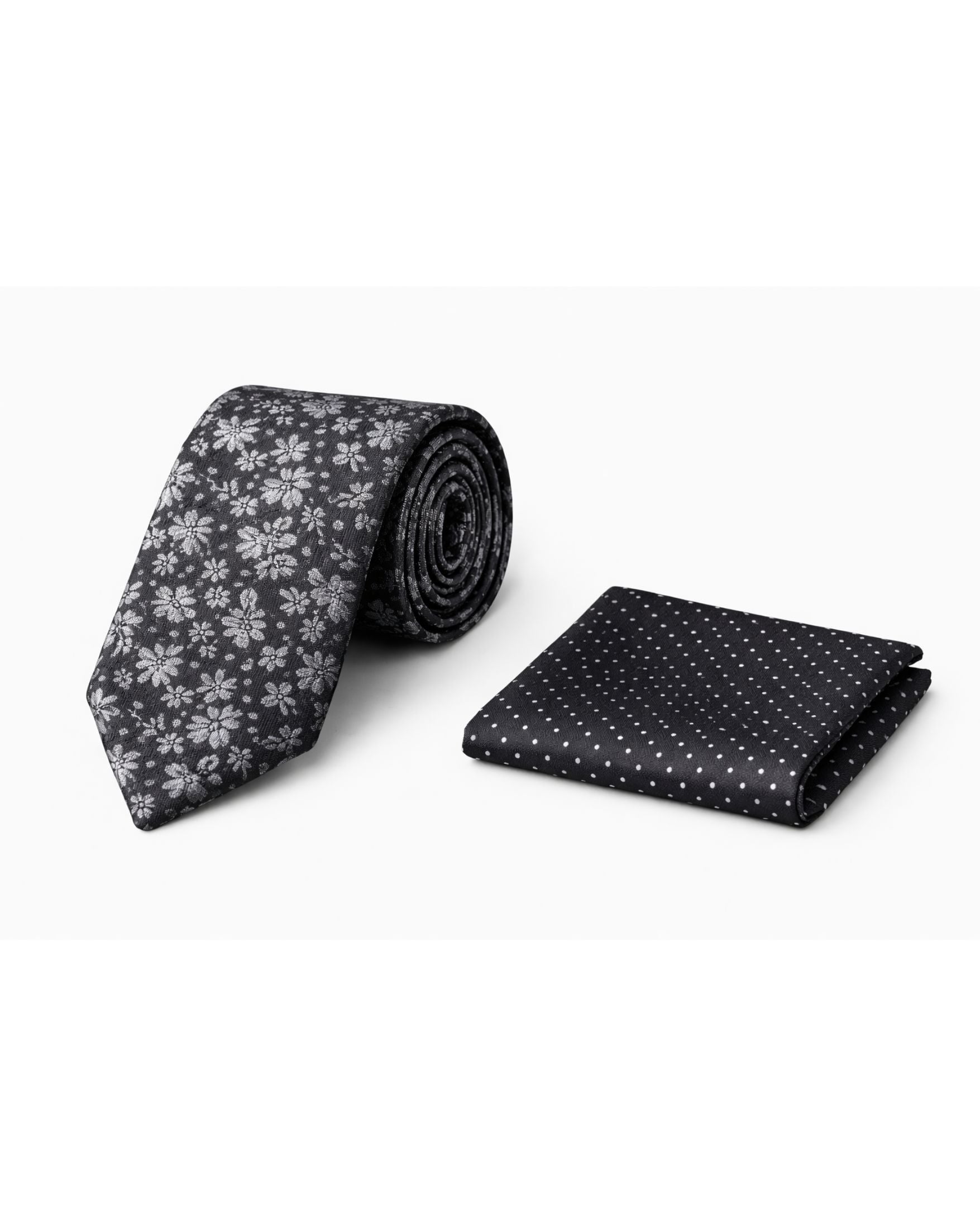 Corbata PIERRE CARDIN Negra Slim con Diseño Floral Gris + Pañuelo – Edición Formal Exclusiva