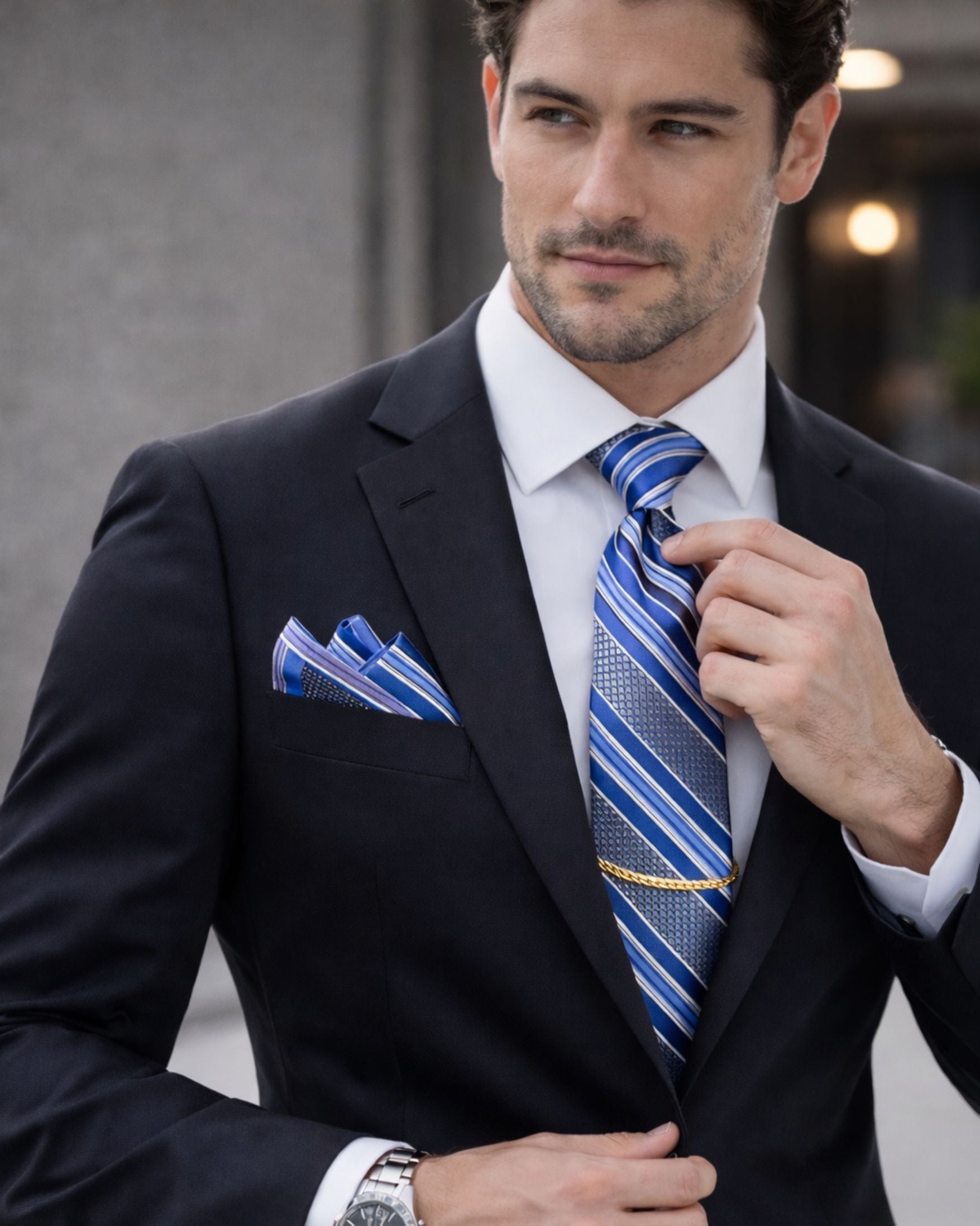 Corbata PIERRE CARDIN Azul Rayas Clásicas con Pañuelo y Cadena Dorada – Signature Business Edition