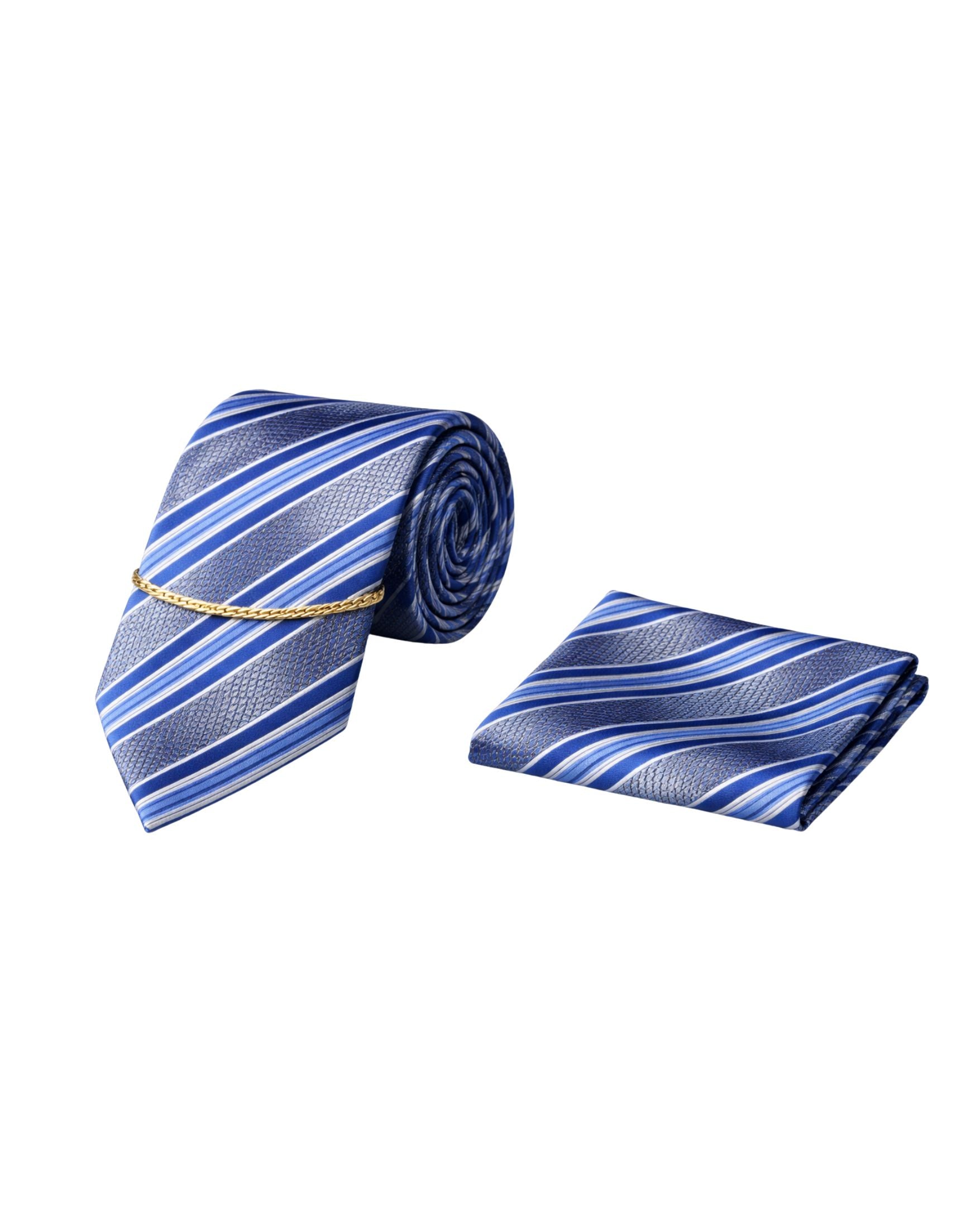 Corbata PIERRE CARDIN Azul Rayas Clásicas con Pañuelo y Cadena Dorada – Signature Business Edition